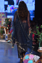 Load image into Gallery viewer, Navy organza embroidered yoke anarkali with dash ikat banarasi georgette palazzo and mukaish net dupatta. - The Grand Trunk