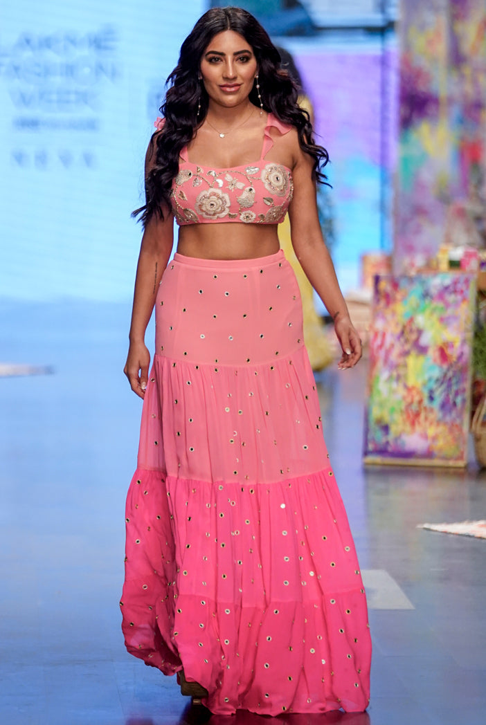 Coral embroidered top with coral and pink ombre shaded gathered skirt and coral mukaish net dupatta. - The Grand Trunk