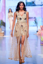Load image into Gallery viewer, Off white georgette embroidered dress with rose pink tulle net skirt. - The Grand Trunk