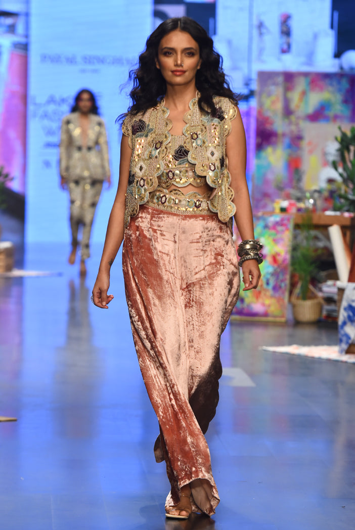 Rose pink georgette embroidered scallop jacket with front embroidered bustier and palazzo pants. - The Grand Trunk