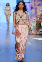 Load image into Gallery viewer, Rose pink georgette embroidered scallop jacket with front embroidered bustier and palazzo pants. - The Grand Trunk