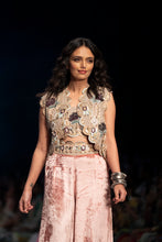 Load image into Gallery viewer, Rose pink georgette embroidered scallop jacket with front embroidered bustier and palazzo pants. - The Grand Trunk