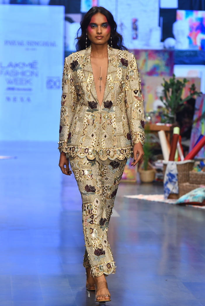 Off white georgette embroidered blazer and pant. - The Grand Trunk