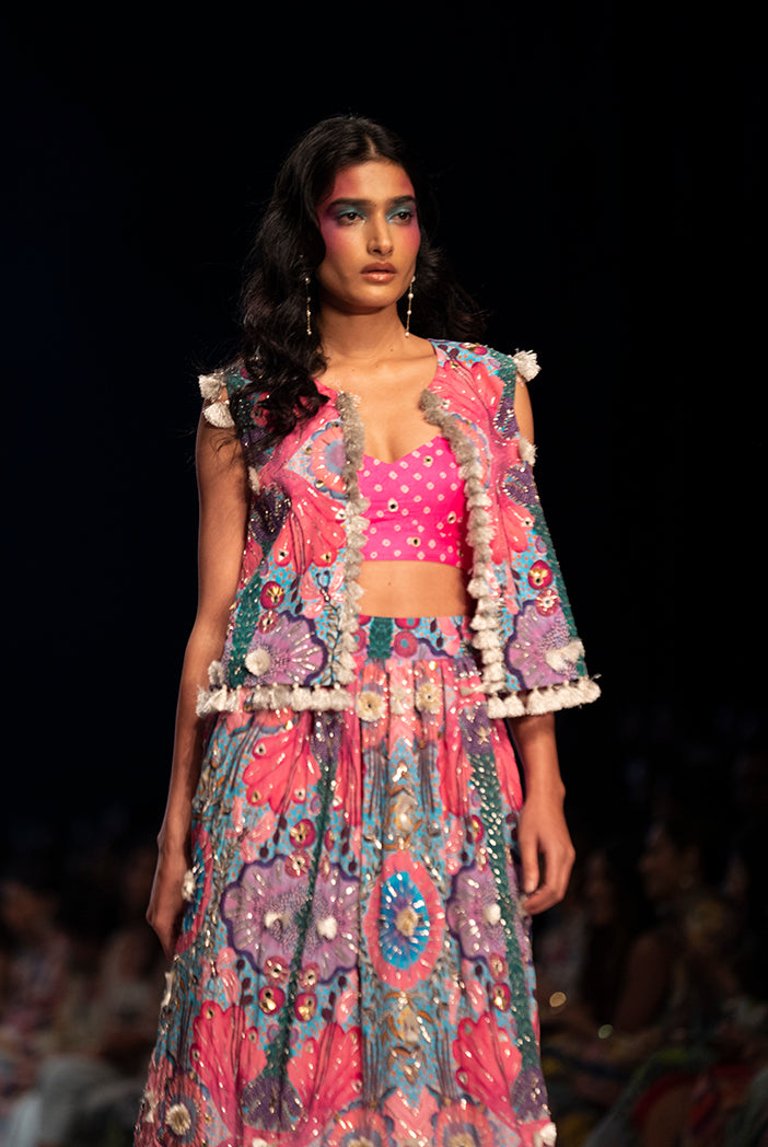 Pink bandhani silk embroidered bustier with pink enchanted print crepe embroidered jacket and frill skirt - The Grand Trunk