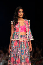 Load image into Gallery viewer, Pink bandhani silk embroidered bustier with pink enchanted print crepe embroidered jacket and frill skirt - The Grand Trunk