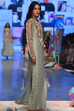 Load image into Gallery viewer, Powder blue dash ikat banarasi georgette kaftaan with organza detailed sleeves. - The Grand Trunk