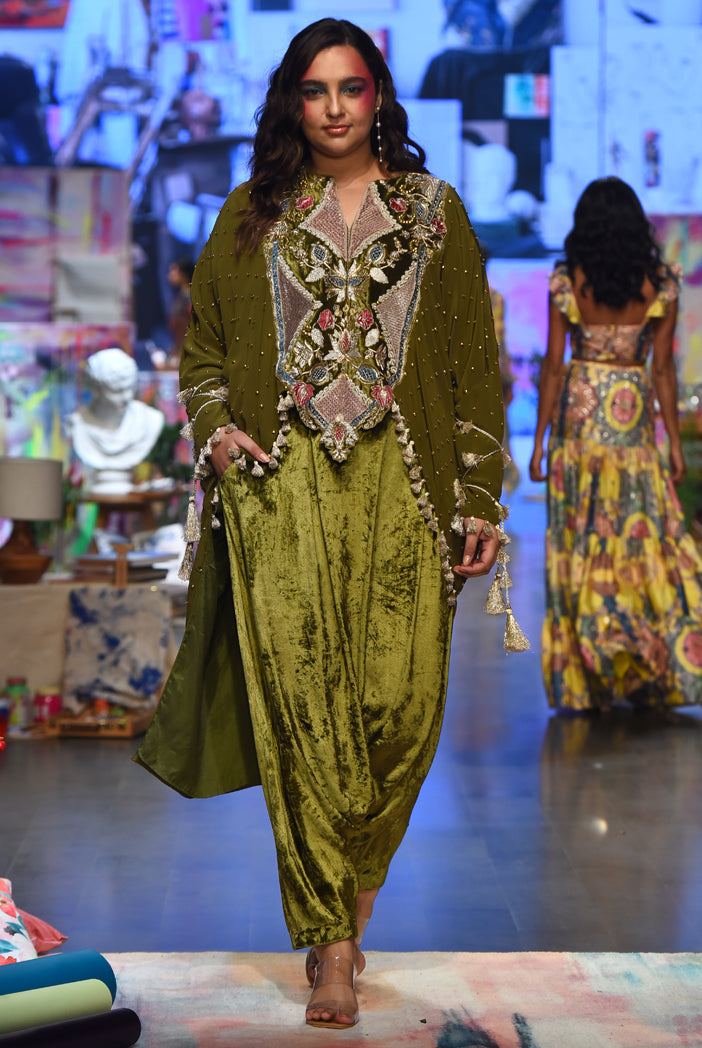 Olive crepe embroidered kaftan top and velvet low crotch pants. - The Grand Trunk