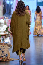Load image into Gallery viewer, Olive crepe embroidered kaftan top and velvet low crotch pants. - The Grand Trunk