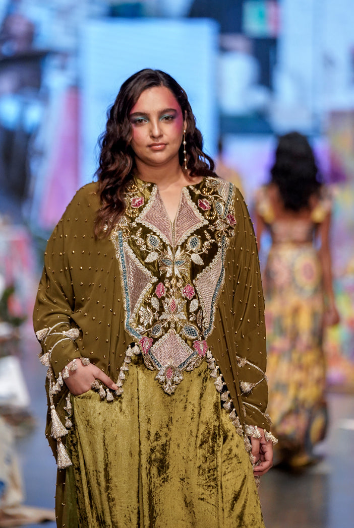 Olive crepe embroidered kaftan top and velvet low crotch pants. - The Grand Trunk