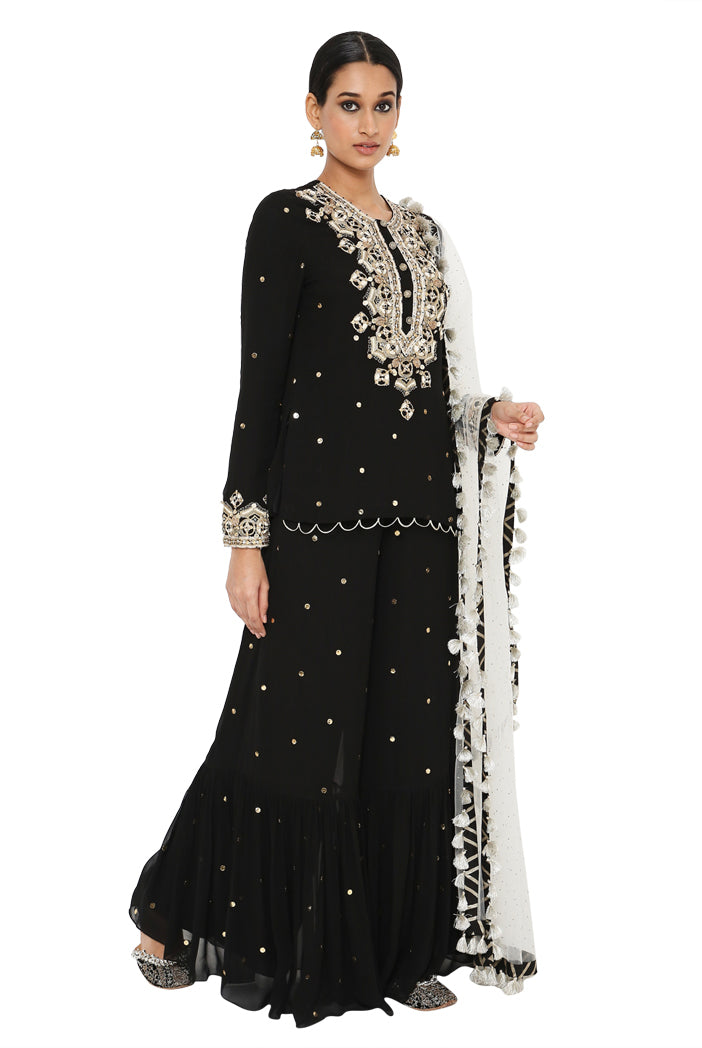 Payal Singhal  Mukaish Short Kurta With Frill Palazzo And Mukaish Dupatta - The Grand Trunk