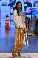 Load image into Gallery viewer, Off white abla silk embroidered high low kurta with mustard brocade constructed pants. - The Grand Trunk