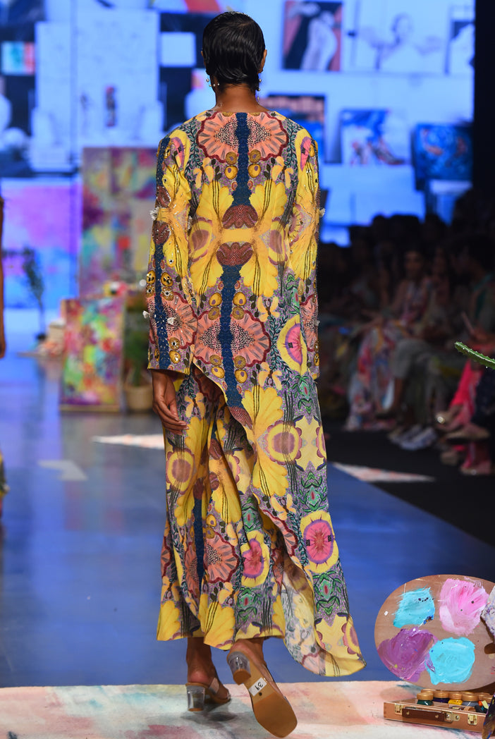 Yellow enchanted print crepe embroidered kurta with cropped palazzo. - The Grand Trunk