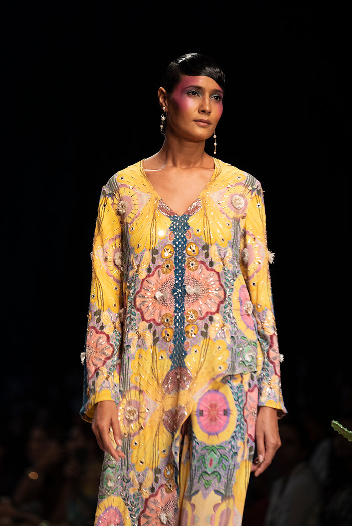 Yellow enchanted print crepe embroidered kurta with cropped palazzo. - The Grand Trunk