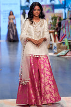 Load image into Gallery viewer, Off white abla silk embroidered kurta with hot pink brocade sharara and off white mukaish dupatta. - The Grand Trunk