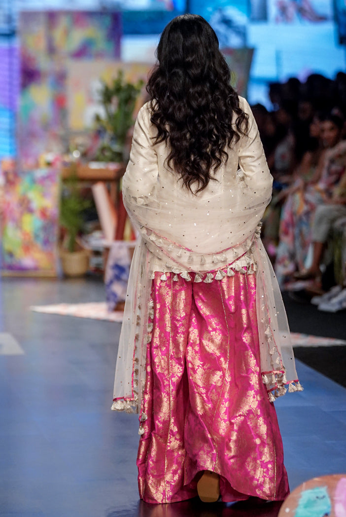 Off white abla silk embroidered kurta with hot pink brocade sharara and off white mukaish dupatta. - The Grand Trunk