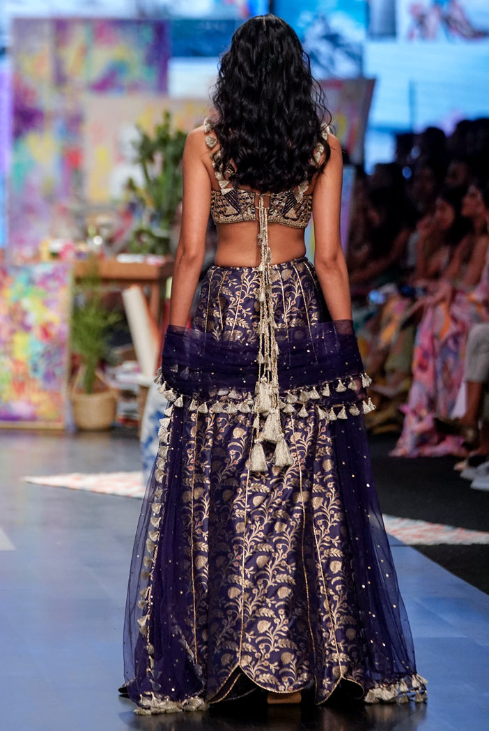 Navy dupion brocade silk embroidered bustier with brocade scalloped hem lehenga and mukaish net dupatta. - The Grand Trunk