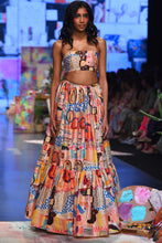 Load image into Gallery viewer, Trance print dupion silk embroidered bustier with embroidered frill hem lehenga and a peach mukaish net dupatta with tassels. - The Grand Trunk