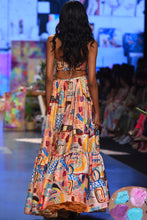 Load image into Gallery viewer, Trance print dupion silk embroidered bustier with embroidered frill hem lehenga and a peach mukaish net dupatta with tassels. - The Grand Trunk