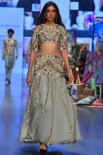 Load image into Gallery viewer, Powder blue velvet embroidered choli with a velvet basque organza skirt and mukaish net dupatta. - The Grand Trunk