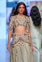 Load image into Gallery viewer, Powder blue velvet embroidered choli with a velvet basque organza skirt and mukaish net dupatta. - The Grand Trunk