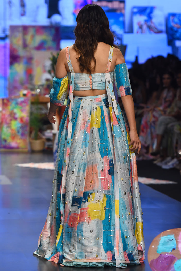 Painterly print dupion silk embroidered top with a lehenga. - The Grand Trunk