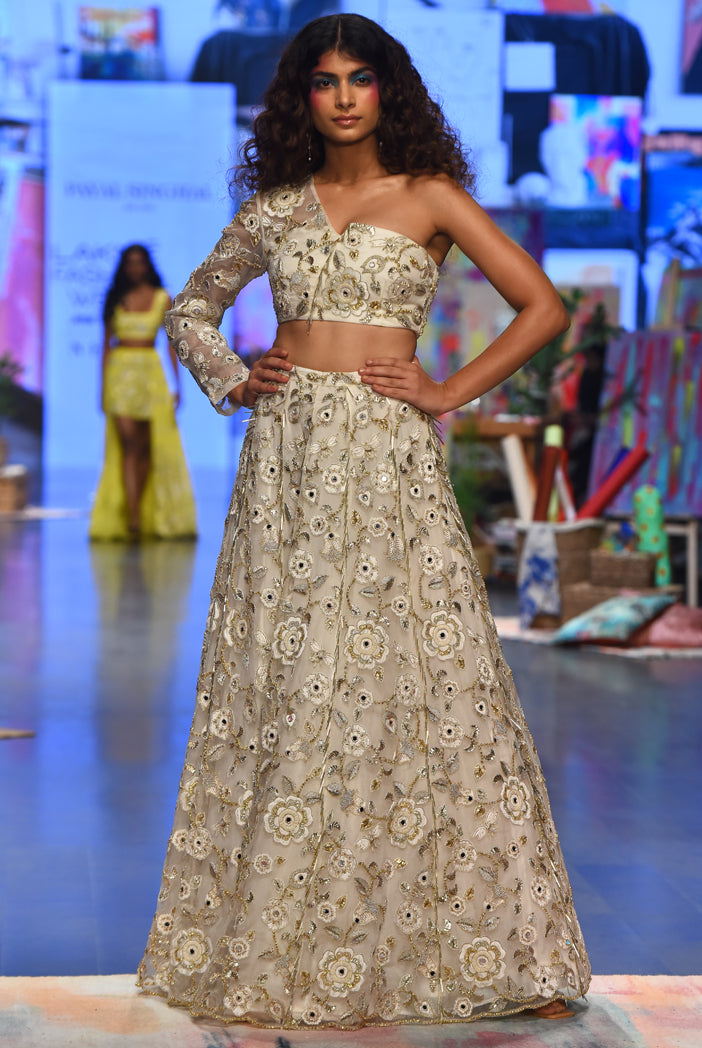 Off white organza embroidered one shoulder top & lehenga. - The Grand Trunk