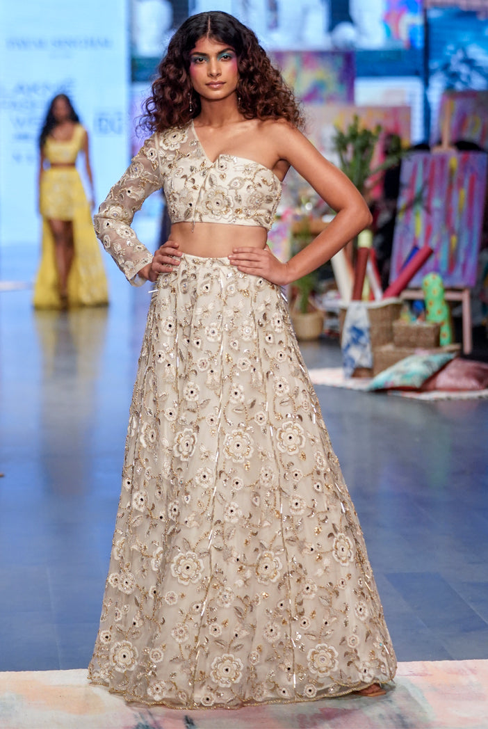 Off white organza embroidered one shoulder top & lehenga. - The Grand Trunk