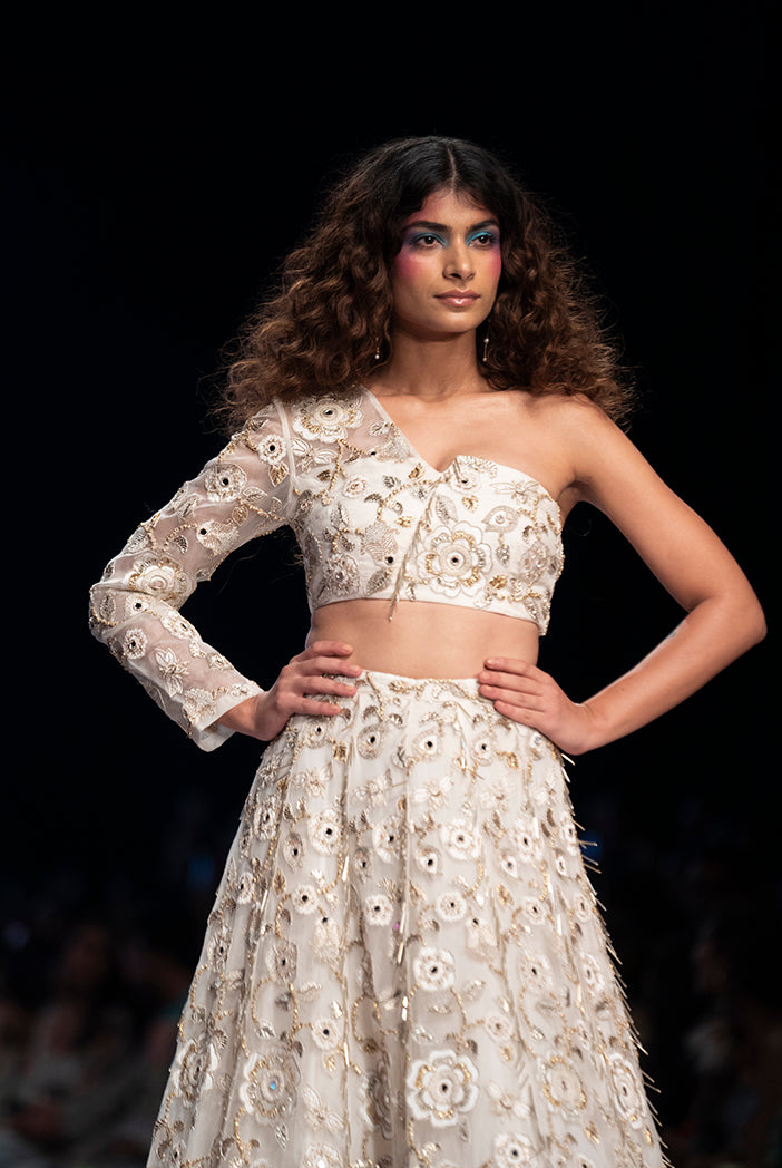 Off white organza embroidered one shoulder top & lehenga. - The Grand Trunk