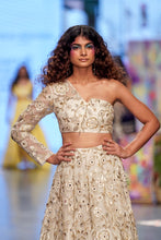 Load image into Gallery viewer, Off white organza embroidered one shoulder top &amp; lehenga. - The Grand Trunk