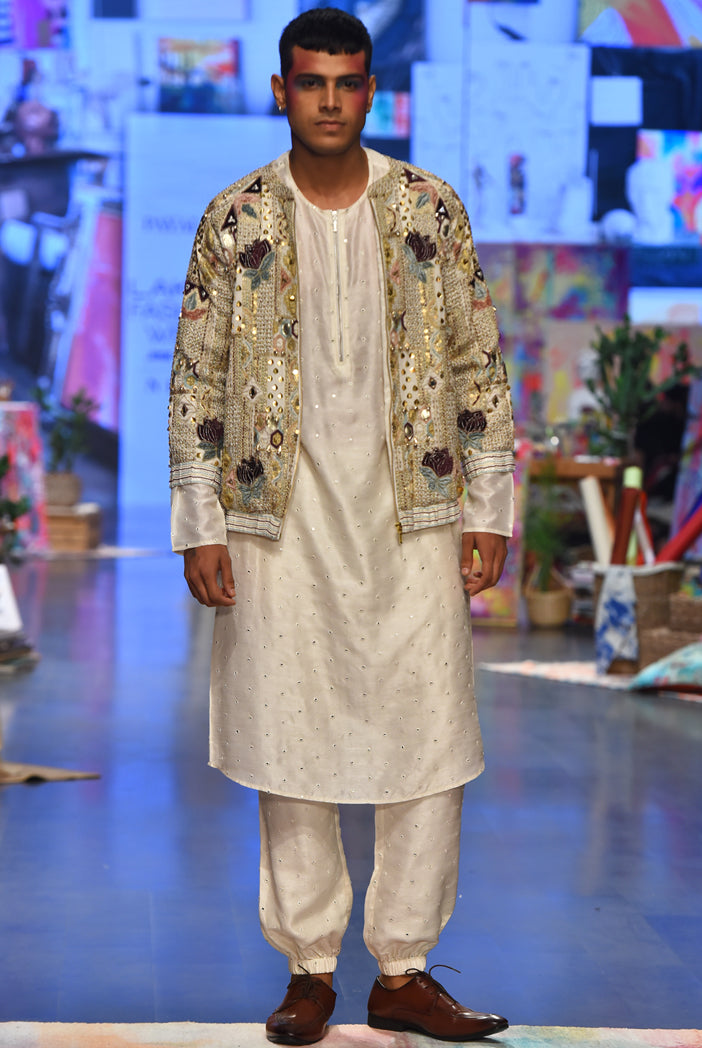 Off white georgette embroidered bomber jacket with abla silk bomber kurta and jogger pants. - The Grand Trunk