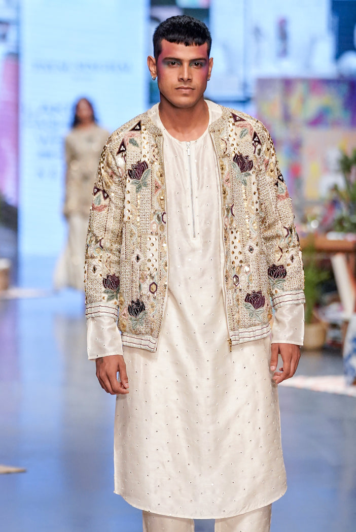Off white georgette embroidered bomber jacket with abla silk bomber kurta and jogger pants. - The Grand Trunk