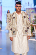 Load image into Gallery viewer, Off white georgette embroidered bomber jacket with abla silk bomber kurta and jogger pants. - The Grand Trunk