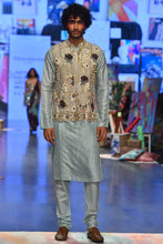 Load image into Gallery viewer, Off white georgette embroidered bandi with aqua abla silk kurta and cotton silk churidar. - The Grand Trunk