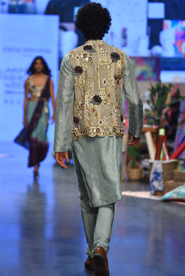 Off white georgette embroidered bandi with aqua abla silk kurta and cotton silk churidar. - The Grand Trunk