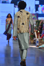 Load image into Gallery viewer, Off white georgette embroidered bandi with aqua abla silk kurta and cotton silk churidar. - The Grand Trunk