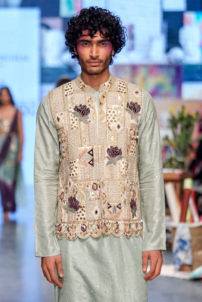 Off white georgette embroidered bandi with aqua abla silk kurta and cotton silk churidar. - The Grand Trunk