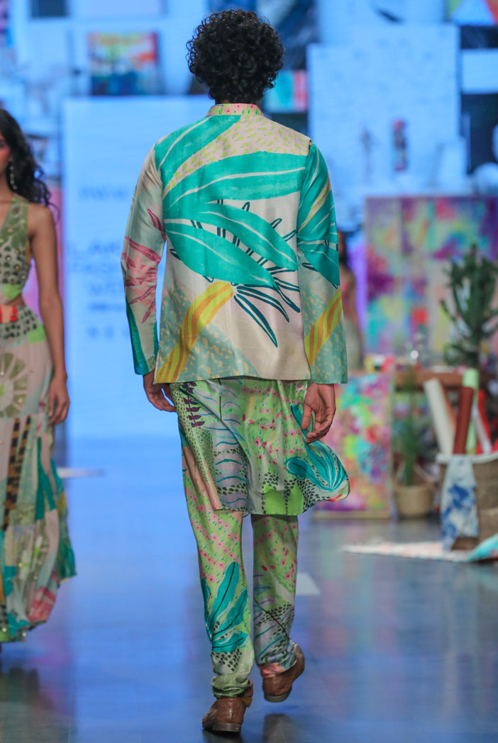Tropical print dupion silk bandi with silkmul kurta and churidar. - The Grand Trunk