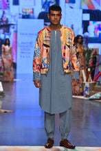 Load image into Gallery viewer, Trance print dupion silk bomber jacket with denim kurta and jogger pants. - The Grand Trunk