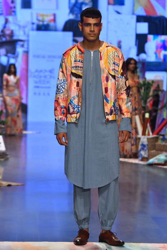 Trance print dupion silk bomber jacket with denim kurta and jogger pants. - The Grand Trunk