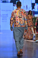 Load image into Gallery viewer, Trance print dupion silk bomber jacket with denim kurta and jogger pants. - The Grand Trunk