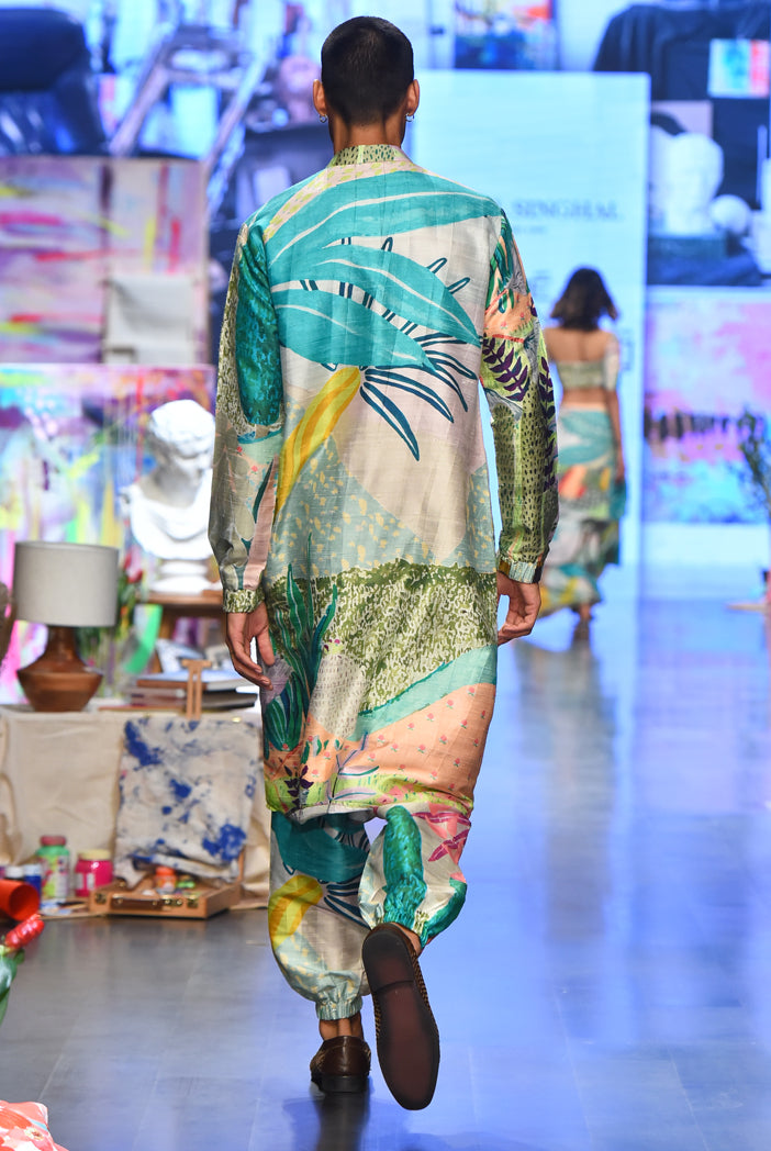 Tropical dupion silk printed bomber kurta with jogger pants. - The Grand Trunk