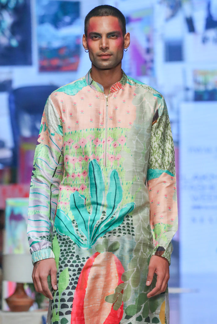 Tropical dupion silk printed bomber kurta with jogger pants. - The Grand Trunk