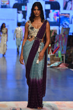 Load image into Gallery viewer, Off white georgette embroidered choli with powder blue and purple georgette sequins saree. - The Grand Trunk