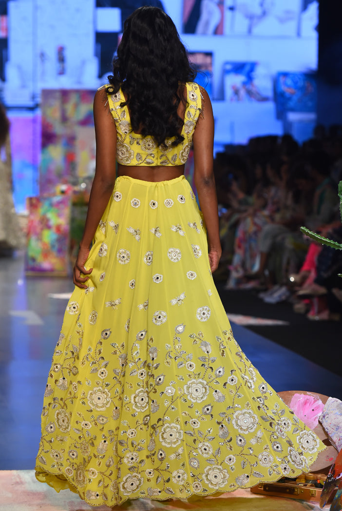 Yellow georgette embroidered top and skirt mukaish net dupatta. - The Grand Trunk