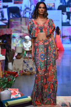 Load image into Gallery viewer, Red enchanted print crepe embroidered top with a frill skirt. - The Grand Trunk