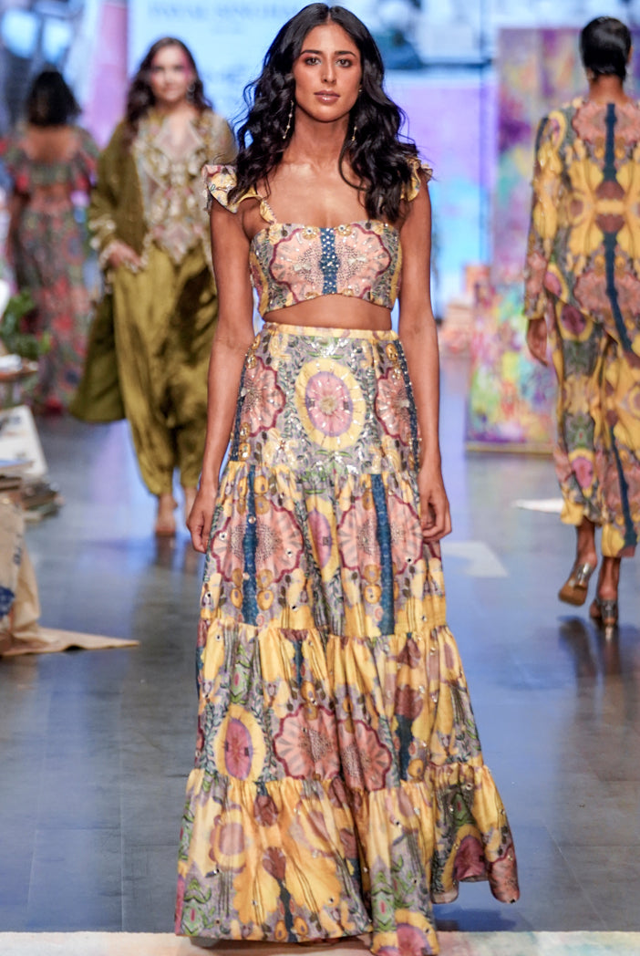 Yellow enchanted dupion silk printed embroidered bustier and layered skirt. - The Grand Trunk