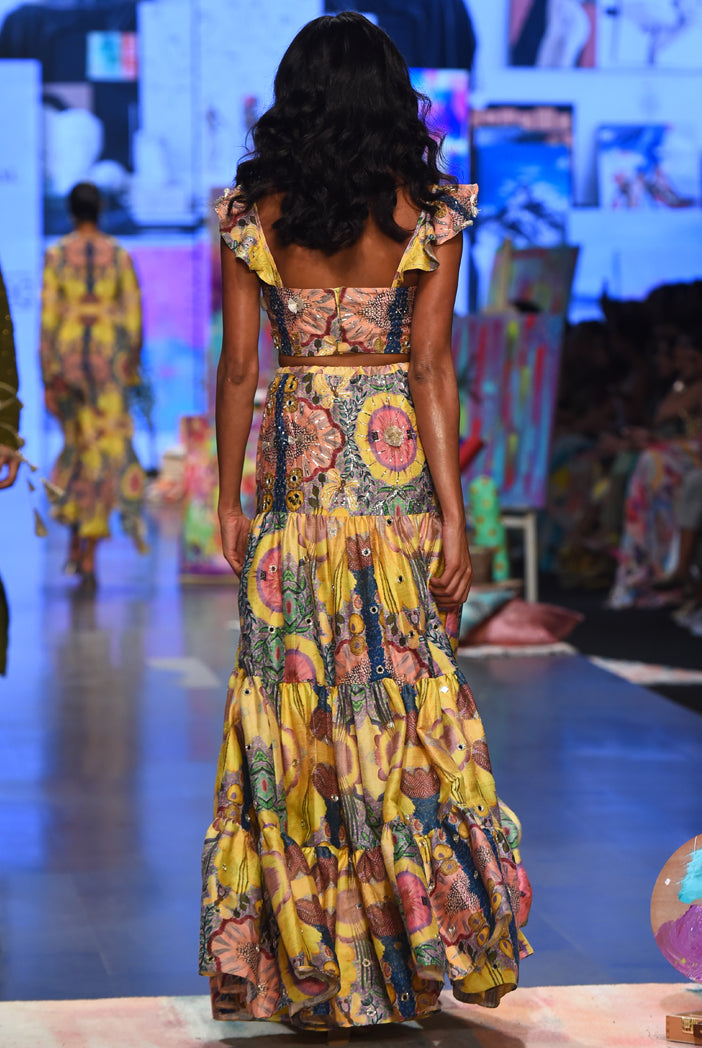 Yellow enchanted dupion silk printed embroidered bustier and layered skirt. - The Grand Trunk
