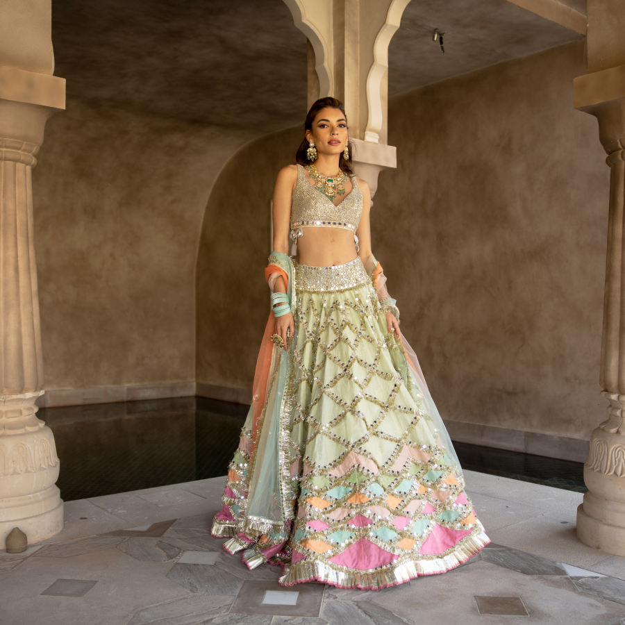 Abhinav Mishra Hand embroidered blouse with multicolour patch work lehenga - The Grand Trunk