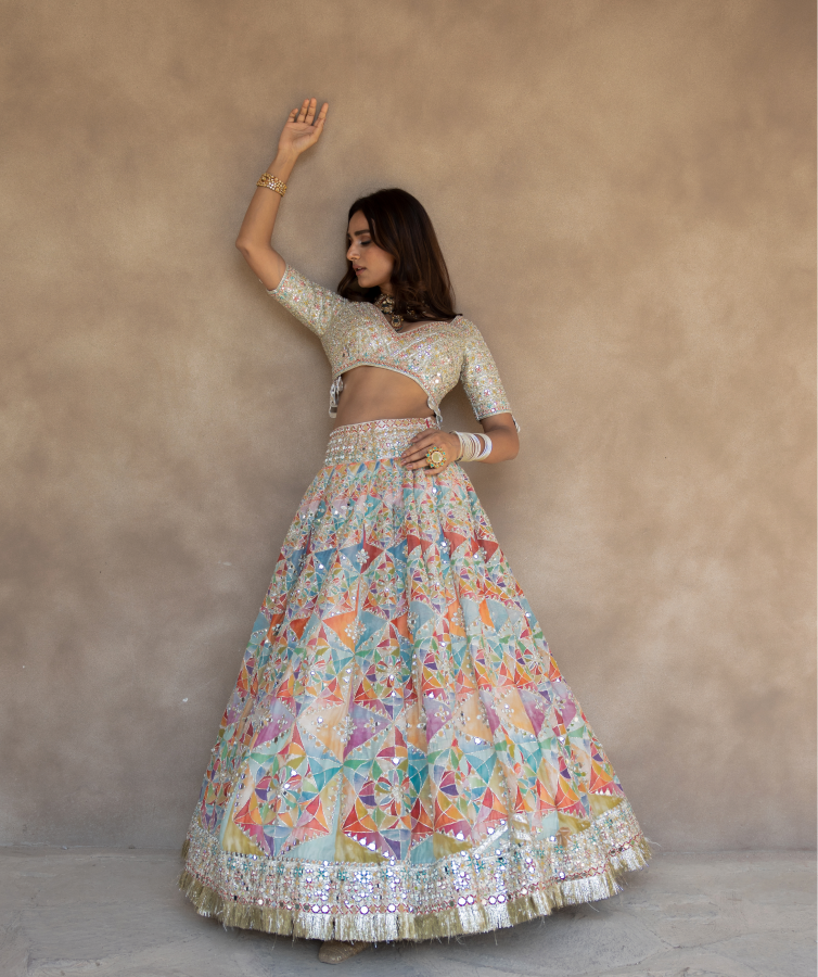 Abhinav Mishra Hand embroidered blouse with pastel shade printed lehenga - The Grand Trunk