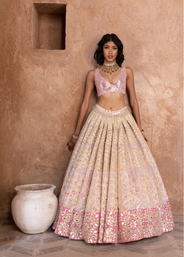 Abhinav Mishra Hand embroidered blouse with printed lehenga - The Grand Trunk